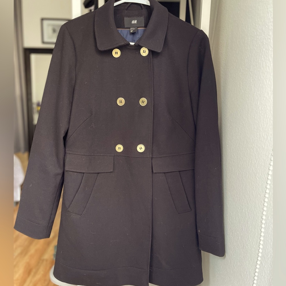 H&M Pea Coat Womens Size 10 Black Jacket Double Breasted High Collar